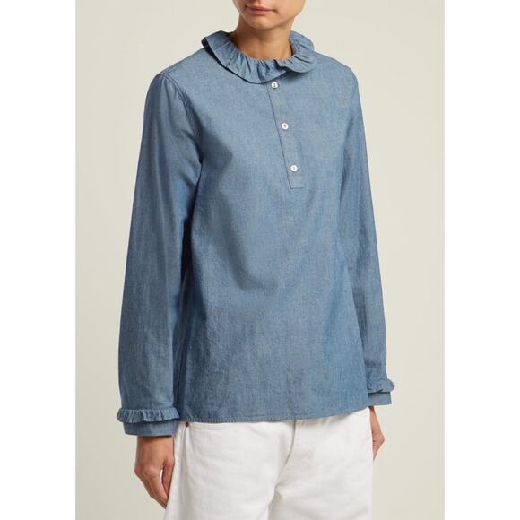 A.P.C. Agathe Ruffle Trimmed Cotton Blend Blouse Blue Top Shirt - Picture 3 of 14
